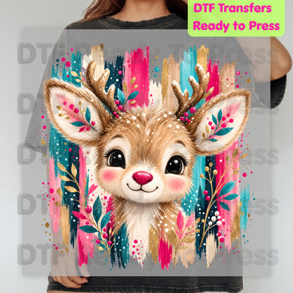 Cute Christmas Reindeer DTF Transfers, Colorful Floral Antlers Pink Teal Gold Holiday Ready to Press.