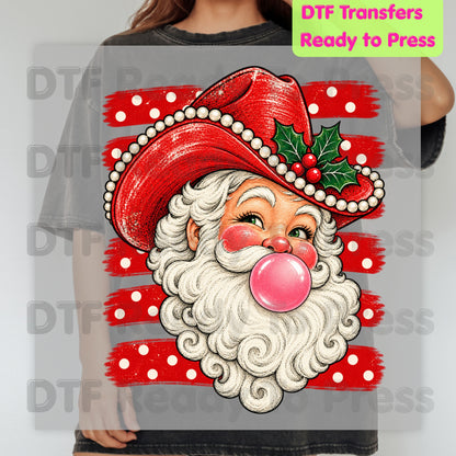 Western Santa DTF Transfers, Christmas Cowboy Hat Bubblegum Pink Vintage Holiday Ready to Press