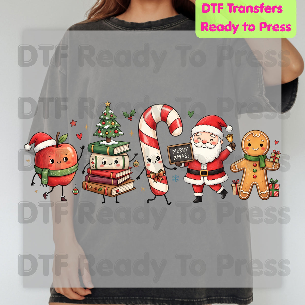 Christmas Teacher Squad DTF Transfers, Holiday School Apple Books Santa Teacher Ready to Press