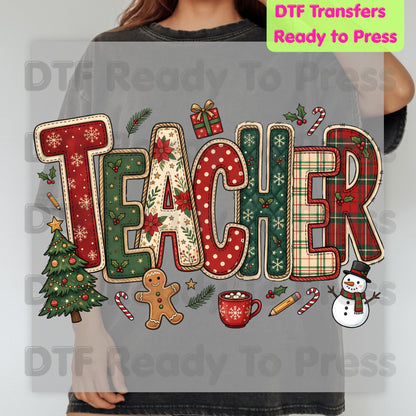Christmas Teacher Patchwork DTF Transfers, School Snowman Plaid Holiday Ready to Press