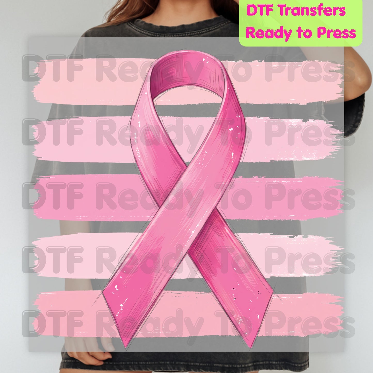 Pink Ribbon DTF Transfer Breast Cancer Awareness Brush Strokes Heat Transfer Ready to Press Tee Print Direct to Film