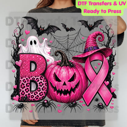 Boo Breast Cancer Awareness Pink Pumpkin Witch Hat DTF Transfer Ready to Press Spooky Heat Transfer Tee