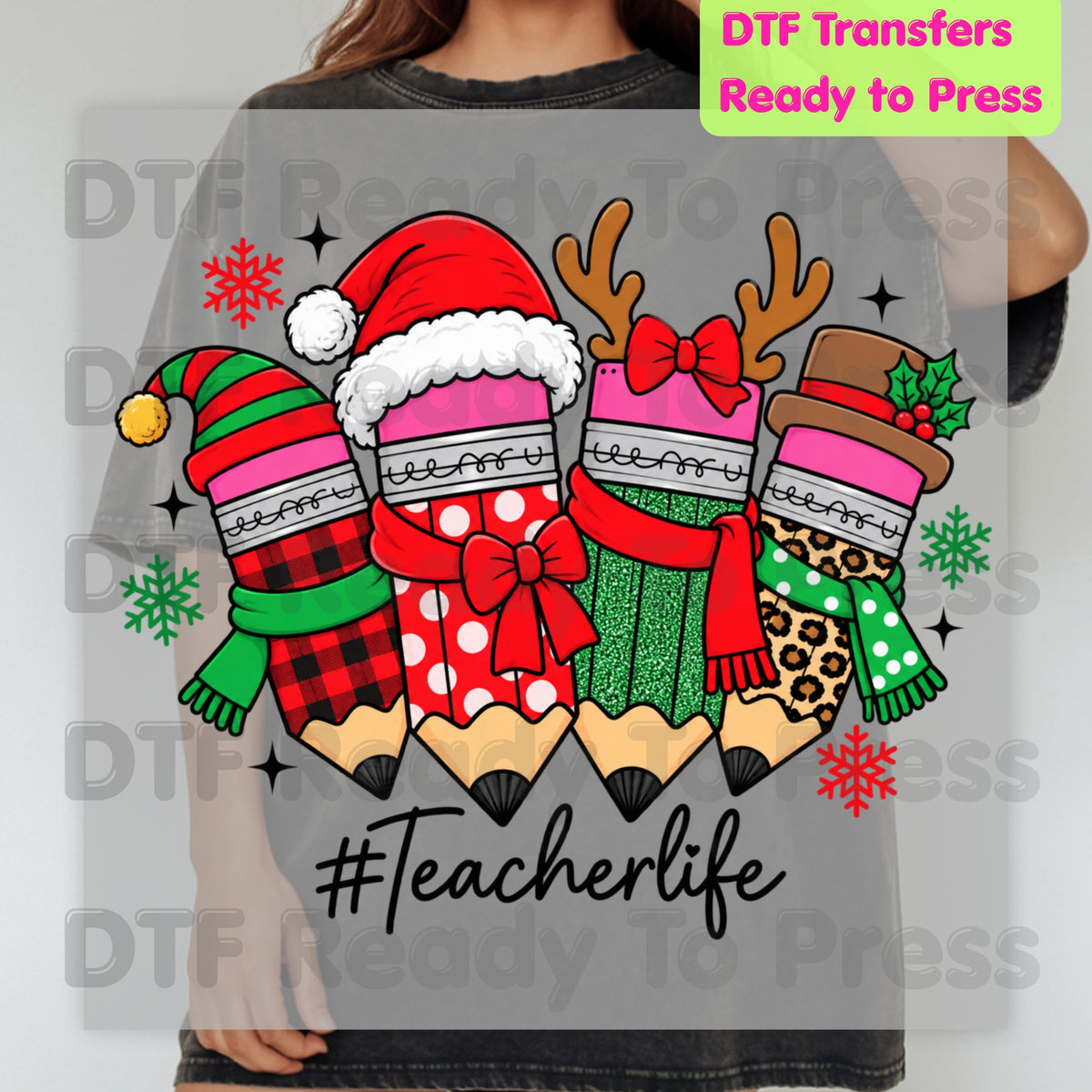 Christmas Teacher Pencils DTF Transfers, Holiday Santa Reindeer School Graphic Ready to Press