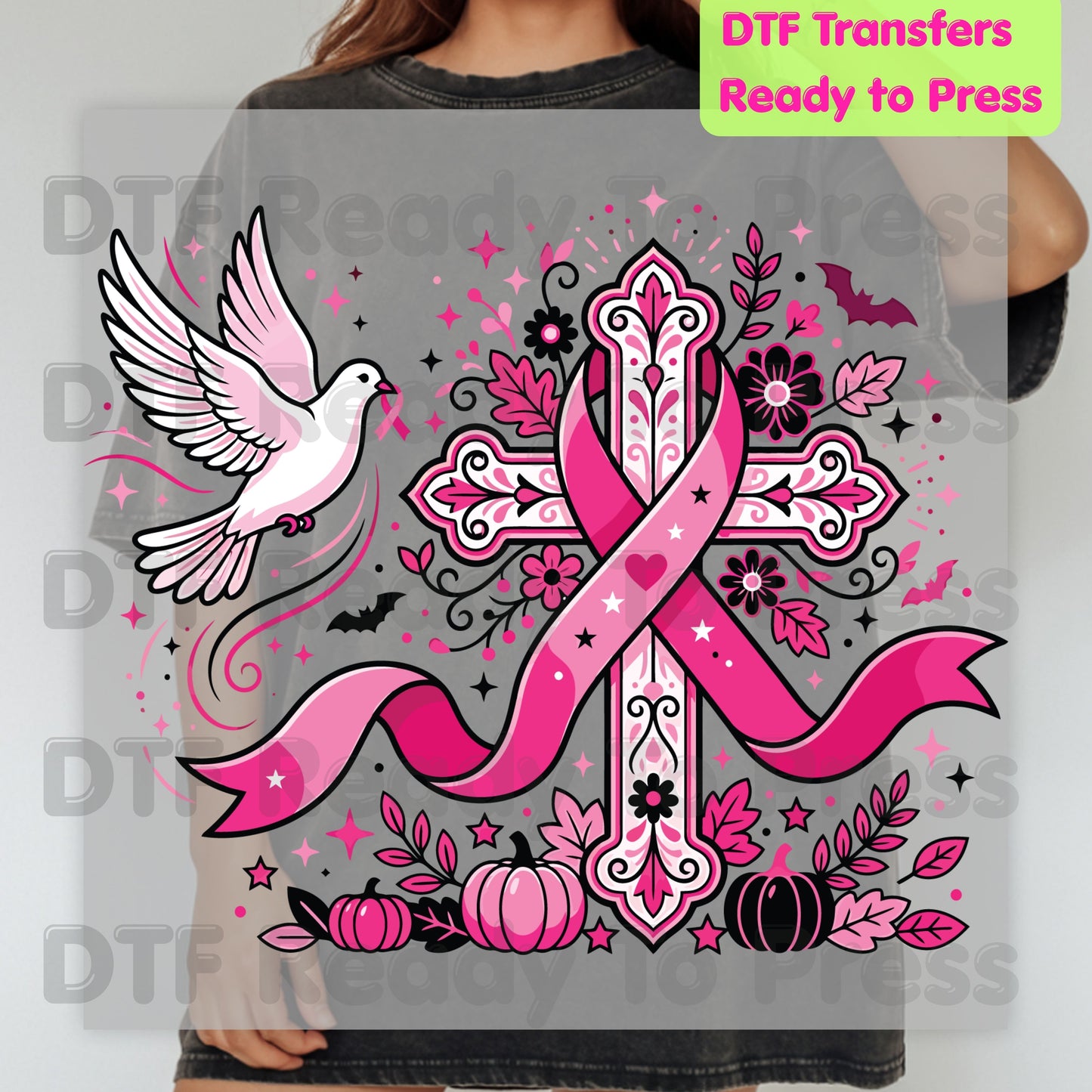 Pink Cross Dove Breast Cancer Awareness DTF Transfer Ready to Press Faith Heat Transfer Tee