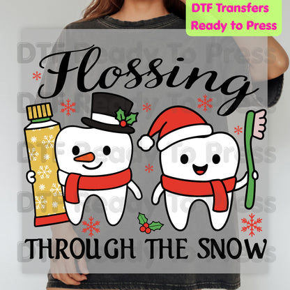 Flossing Through the Snow DTF Transfers, Christmas Dental Dentist Tooth Snowman Holiday Ready to Press