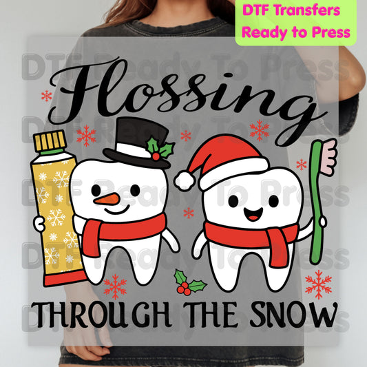 Flossing Through the Snow DTF Transfers, Christmas Dental Dentist Tooth Snowman Holiday Ready to Press