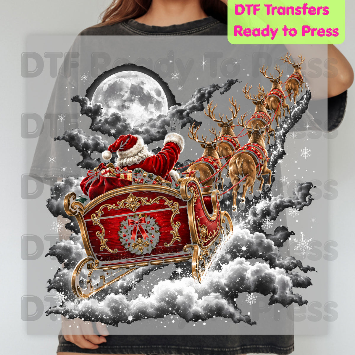 Santa Sleigh DTF Transfers, Flying Night Full Moon Vintage Reindeer Christmas Ready to Press