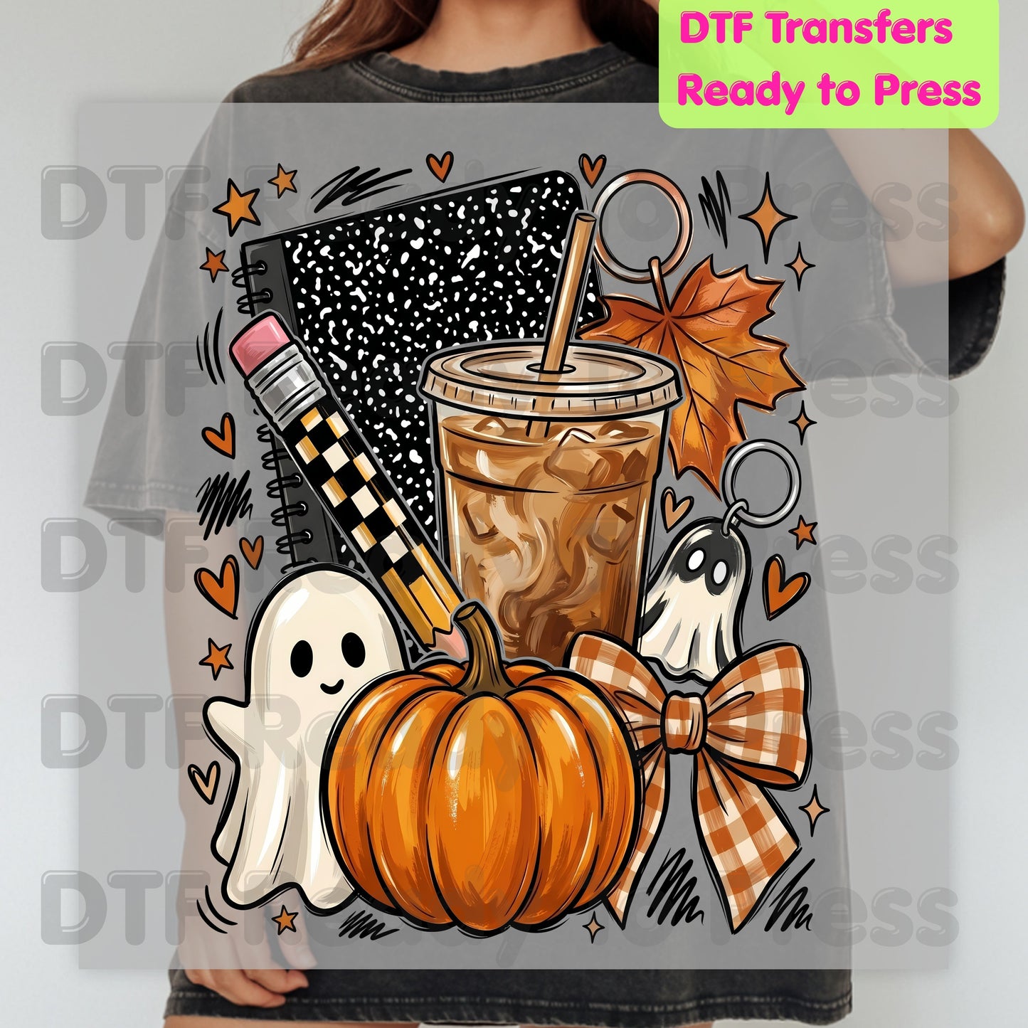 Spooky Teacher DTF Transfer Ready to Press Halloween Fall Heat Transfer For Shirts Iced Coffee Ghost Pumpkin Pencil Composition Notebook