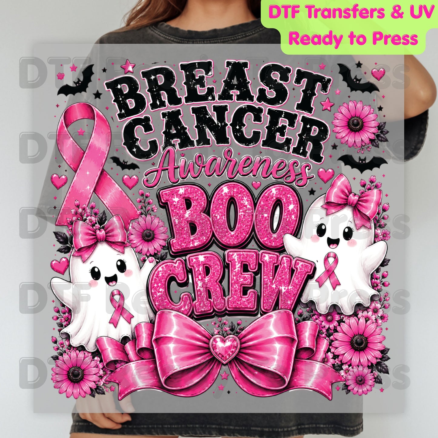 Breast Cancer Awareness Boo Crew DTF Transfer Ready to Press Heat Transfer Spooky Pink Ghost Bow Tee