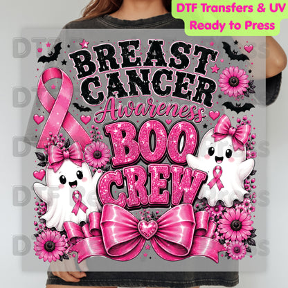 Breast Cancer Awareness Boo Crew DTF Transfer Ready to Press Heat Transfer Spooky Pink Ghost Bow Tee