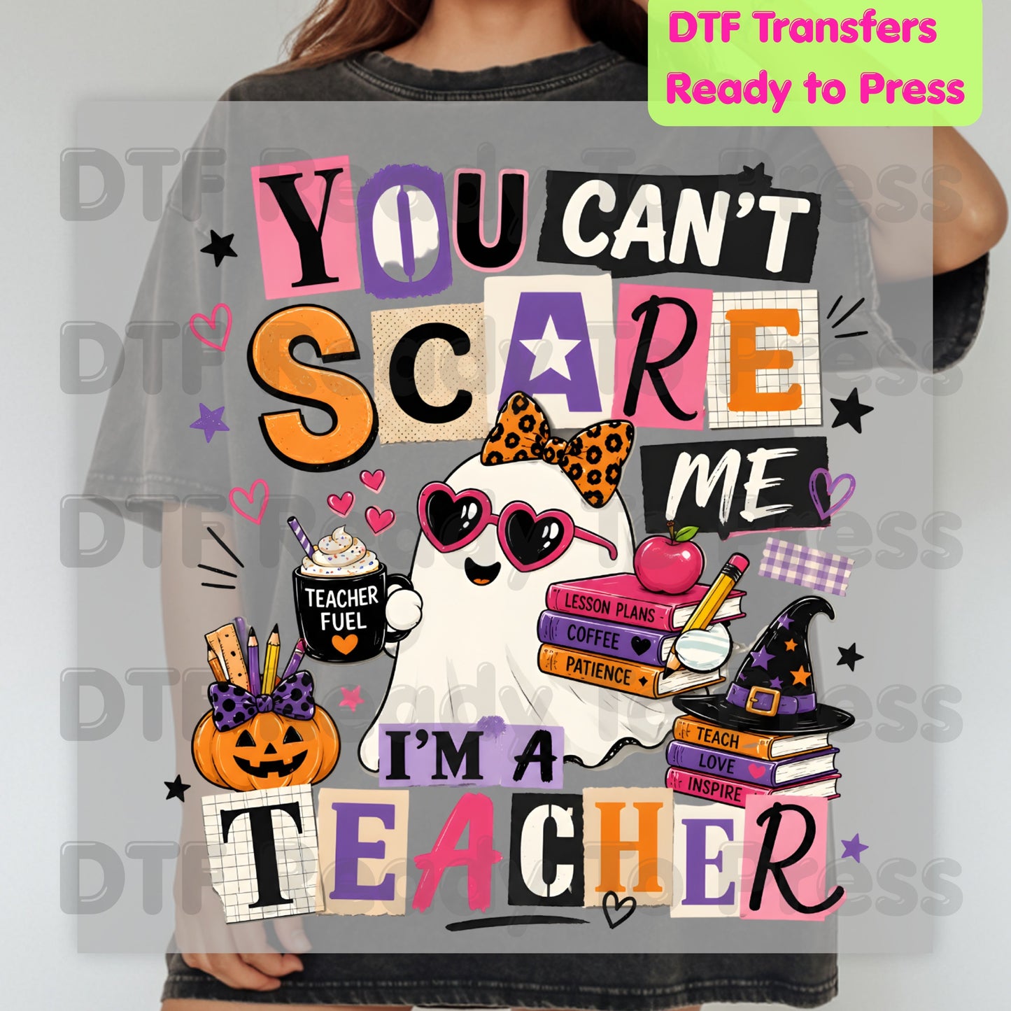 You Can't Scare Me Teacher DTF Transfers, Halloween Ghost Books Coffee Ready to Press