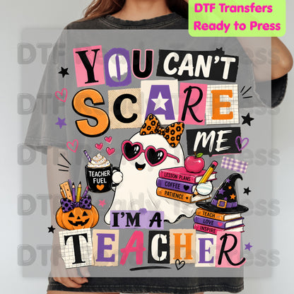 You Can't Scare Me Teacher DTF Transfers, Halloween Ghost Books Coffee Ready to Press