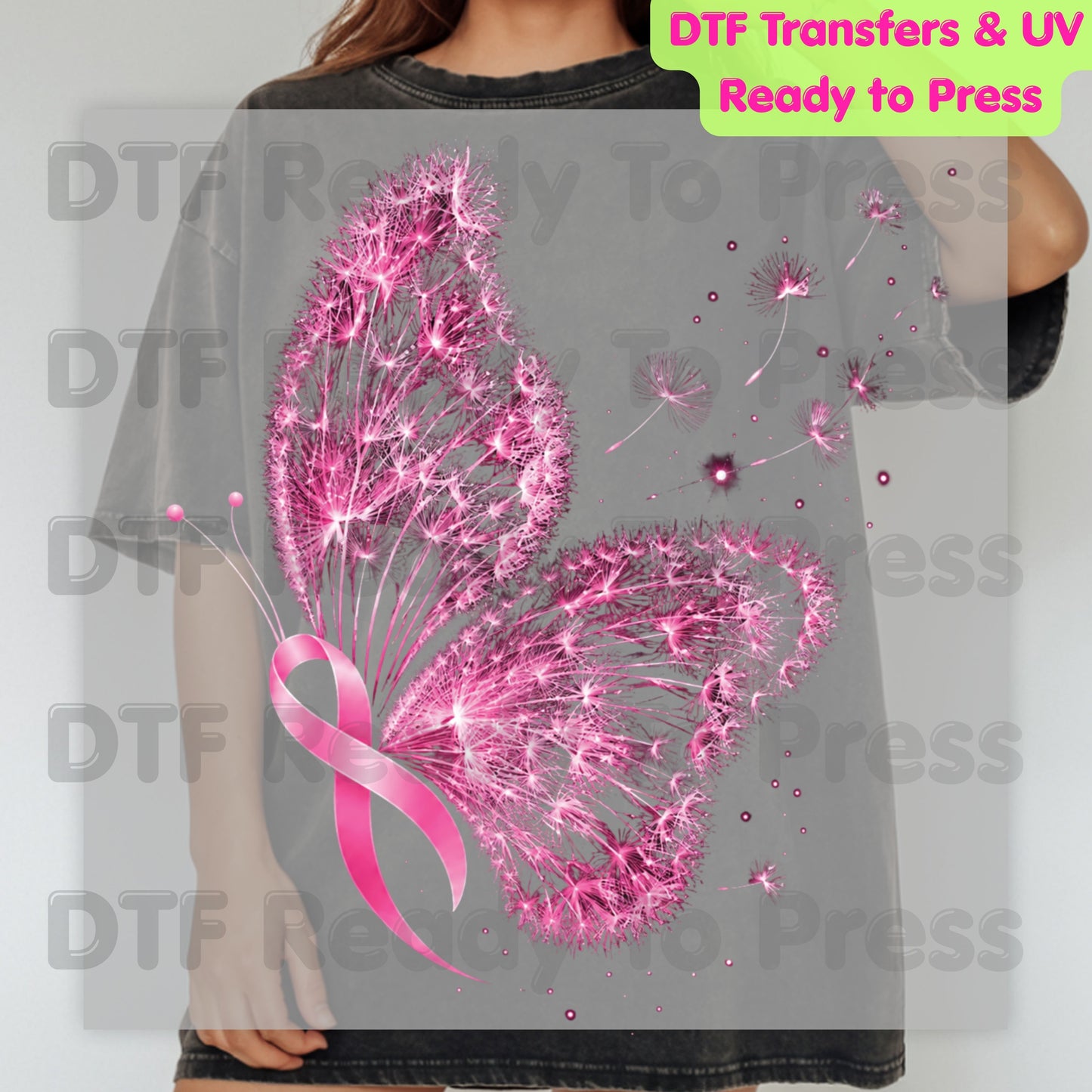 Pink Butterfly Ribbon Breast Cancer Awareness DTF Transfer Ready to Press Heat Transfer Dandelion Floral Tee