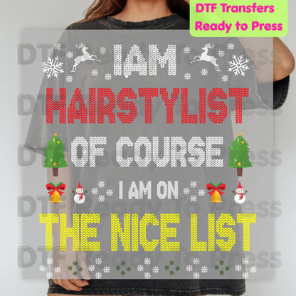 Christmas Hairstylist DTF Transfers, On the Nice List Salon Tree Sweater Holiday Ready to Press
