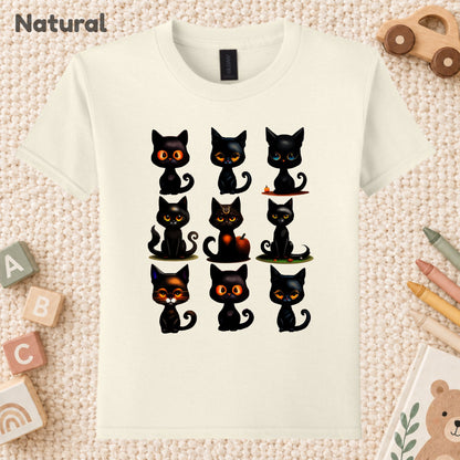 Black Cat Halloween T-Shirt, Cute Kitten Spooky Season Graphic Tee for Toddler and Kids