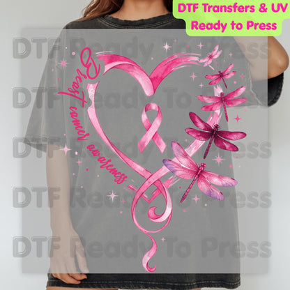 Breast Cancer Awareness Pink Heart Dragonfly DTF Transfer Ready to Press Heat Transfer Ribbon Tee
