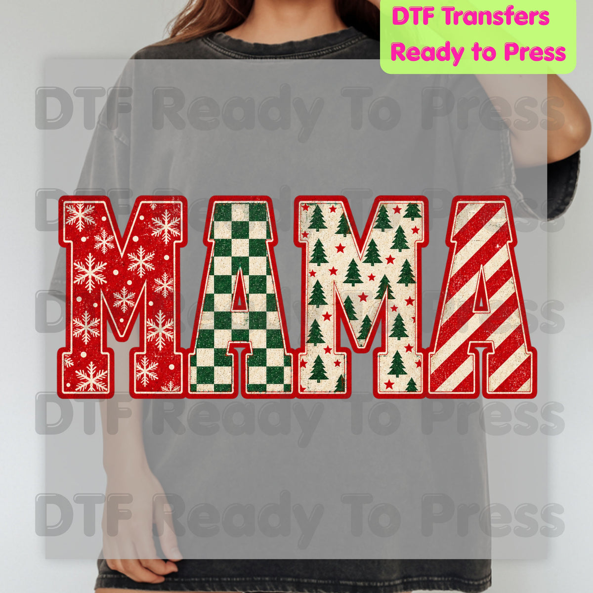 Christmas Mama DTF Transfers, Retro Christmas Trees Snowflake Candy Cane Holiday Ready to Press