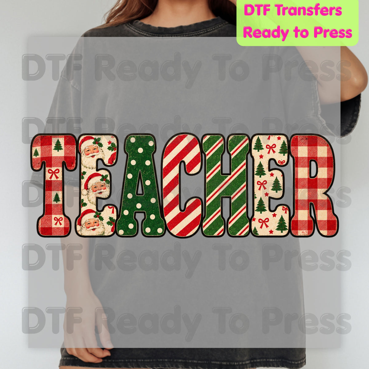 Christmas Teacher Santa Vintage DTF Transfers, School Plaid Stripes Holiday Ready to Press