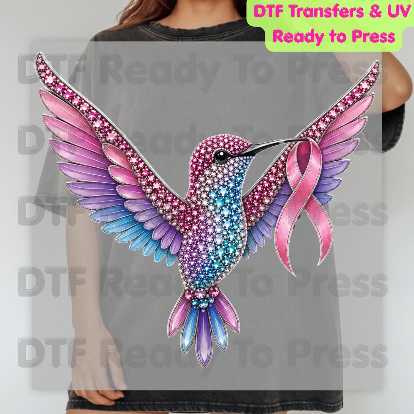 Rhinestone Hummingbird Pink Ribbon Breast Cancer Awareness DTF Transfer Ready to Press Heat Transfer Bird Tee