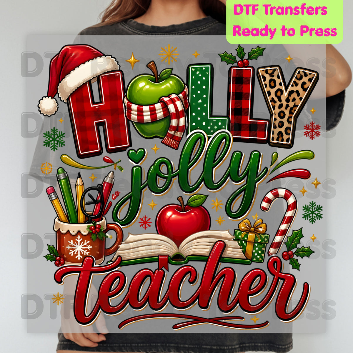 Holly Jolly Teacher DTF Transfers, Christmas School Apple Leopard Book Plaid Holiday Ready to Press