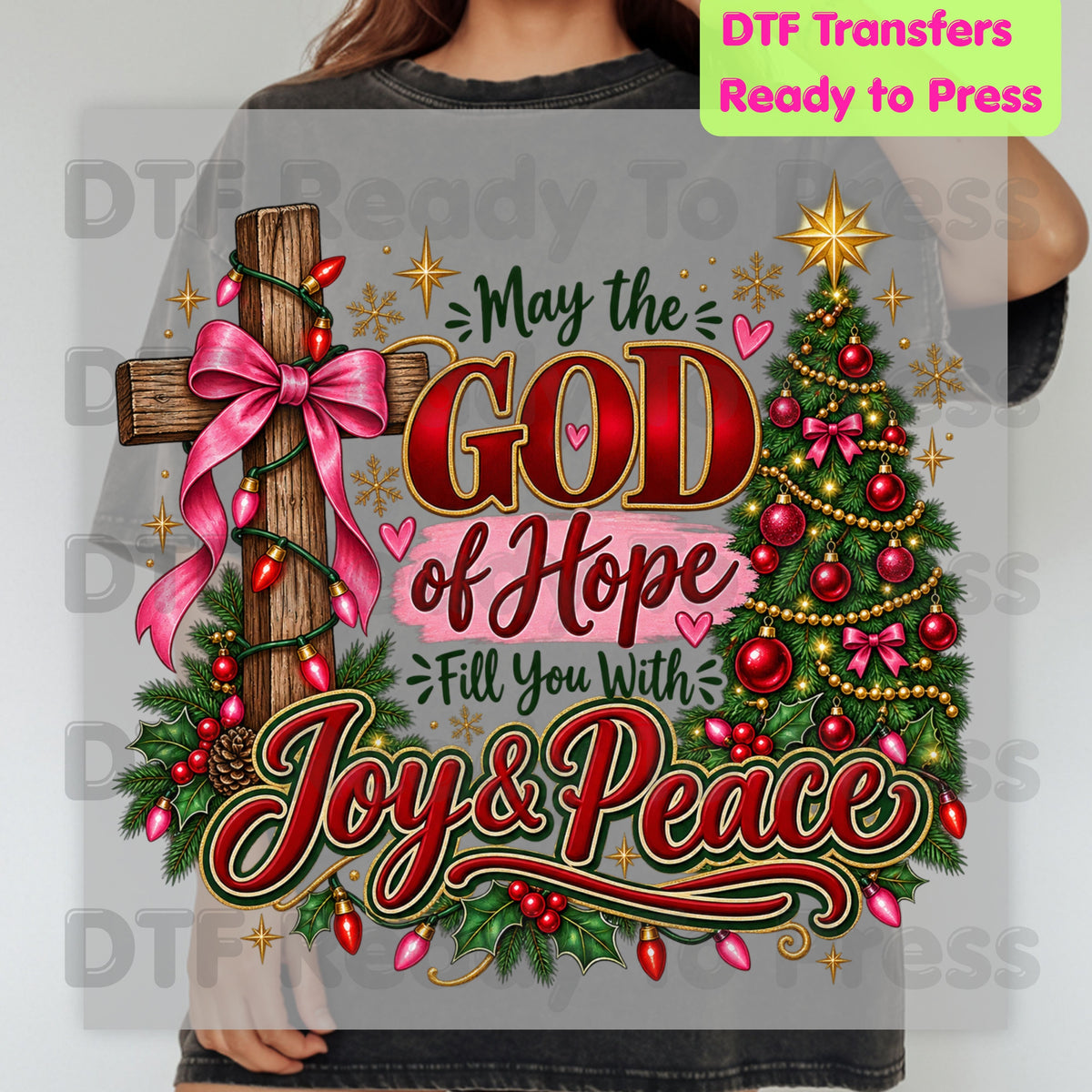 Christian Christmas DTF Transfers, Cross God of Hope Joy Peace Faith Holiday Ready to Press