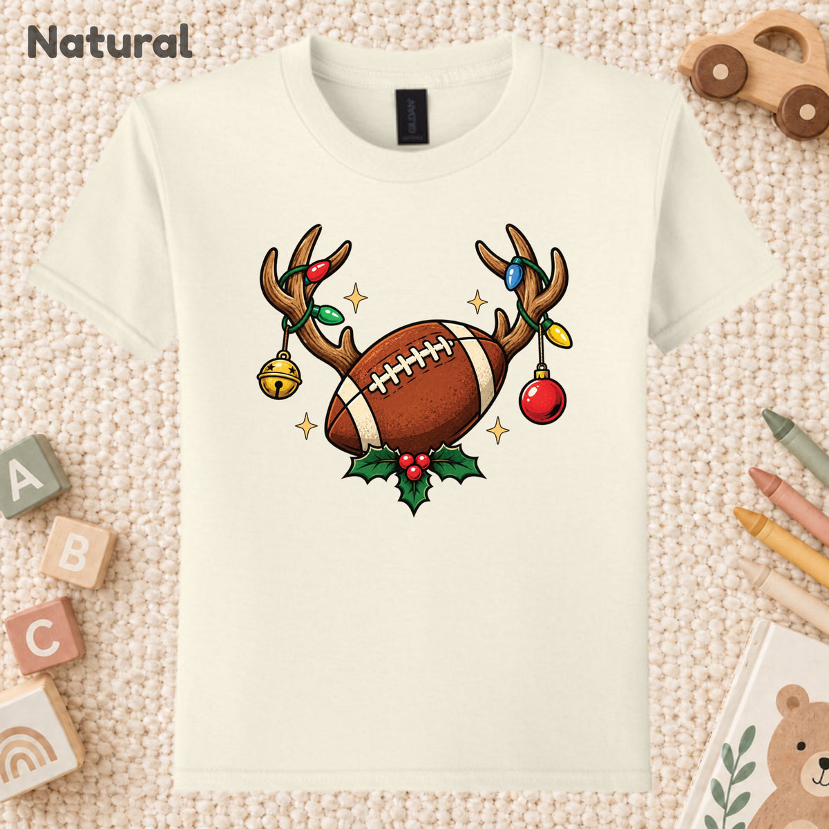 Christmas Football T-Shirt, Reindeer Antlers Lights and Holly Tee, Festive Holiday Sweatshirt