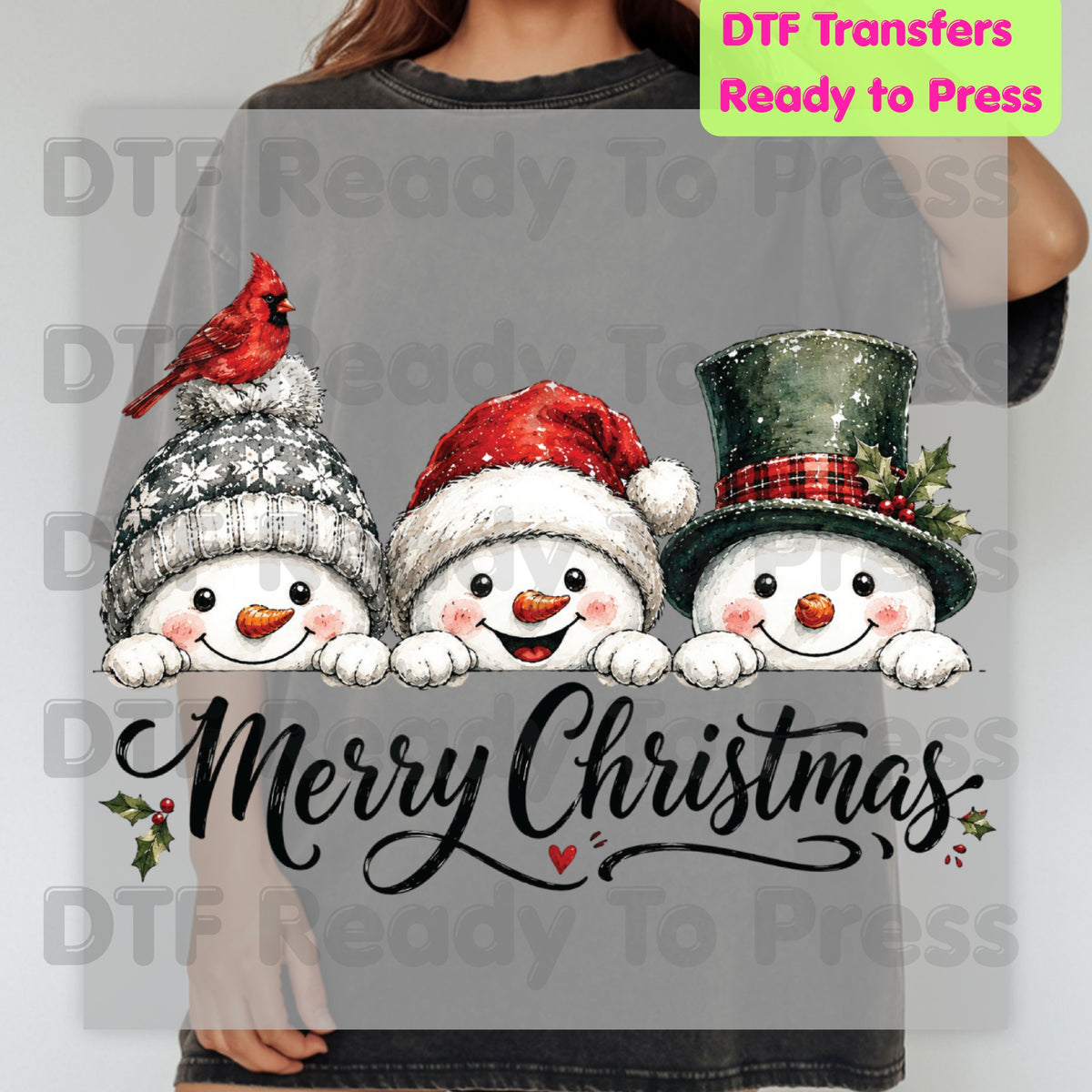 Christmas DTF Transfer, Merry Christmas Snowmen and Red Cardinals