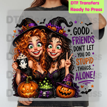 Halloween Witches Best Friends DTF Transfers, Funny Spooky Besties Good Friends Ready to Press