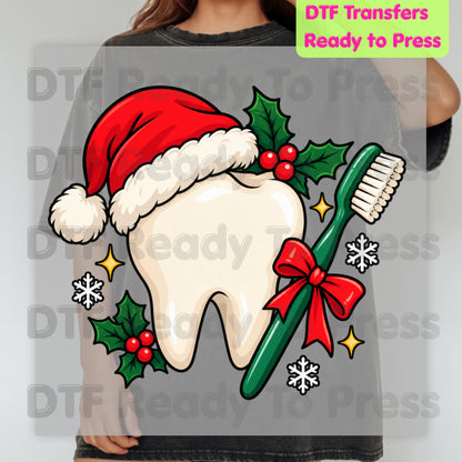 Christmas Tooth Santa Hat DTF Transfers, Dental Holiday Toothbrush Dentist Graphic Ready to Press