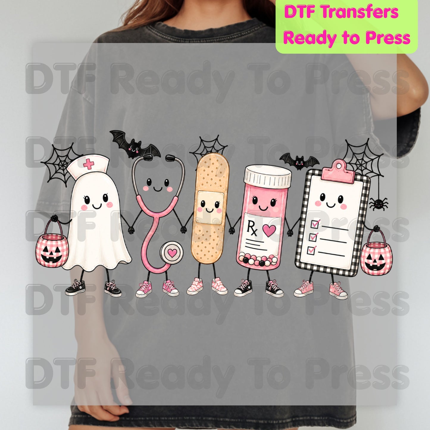 Pink Spooky Nurse Squad DTF Transfers, Halloween Ghost Stethoscope Medical Bandage Ready to Press