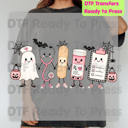 Pink Spooky Nurse Squad DTF Transfers, Halloween Ghost Stethoscope Medical Bandage Ready to Press