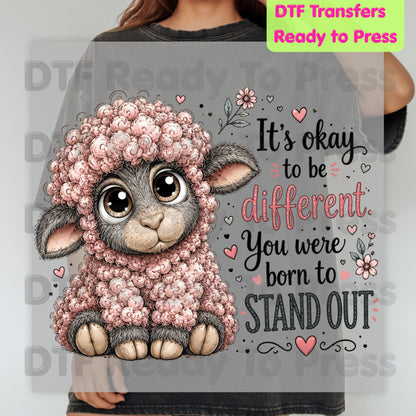Inspirational DTF Transfers, Black Sheep Born to Stand Out Cute Lamb Quote Ready to Press