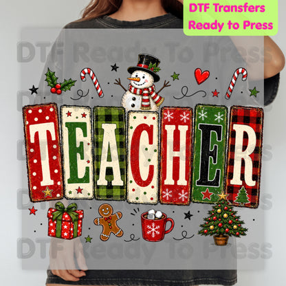 Christmas Teacher Snowman DTF Transfers, School Gingerbread Plaid Holiday Ready to Press