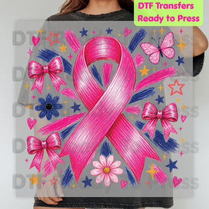 Breast Cancer DTF Transfer Ready to Press Pink Ribbon Bows Butterfly Flowers Awareness Heat Transfer Tee Print Direct to Film