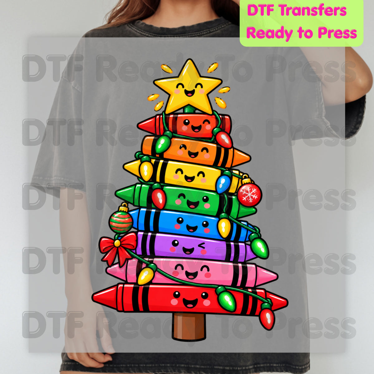 Christmas Crayon Tree DTF Transfers, Teacher School Rainbow Lights Holiday Ready to Press