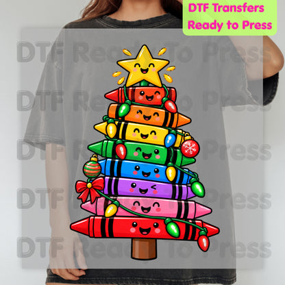 Christmas Crayon Tree DTF Transfers, Teacher School Rainbow Lights Holiday Ready to Press
