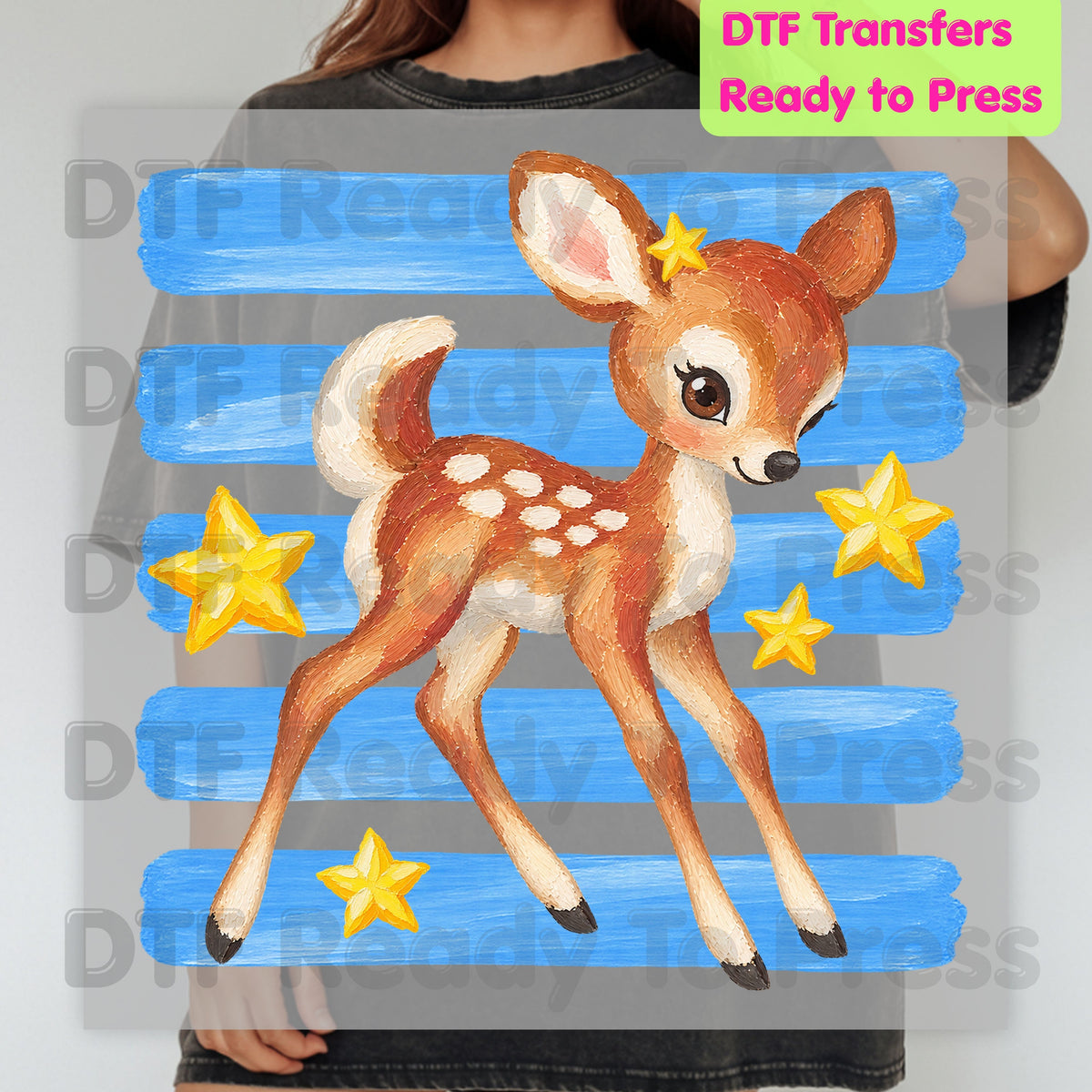 Vintage Baby Deer DTF Transfers, Fawn Stars Blue Stripes Cute Christmas Holiday Ready to Press