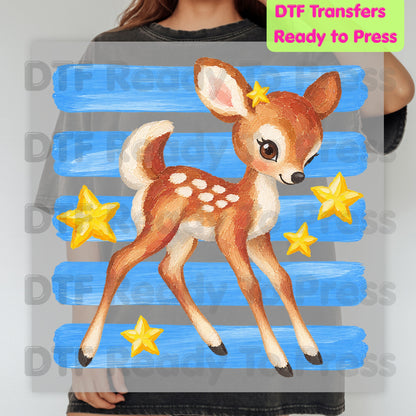 Vintage Baby Deer DTF Transfers, Fawn Stars Blue Stripes Cute Christmas Holiday Ready to Press