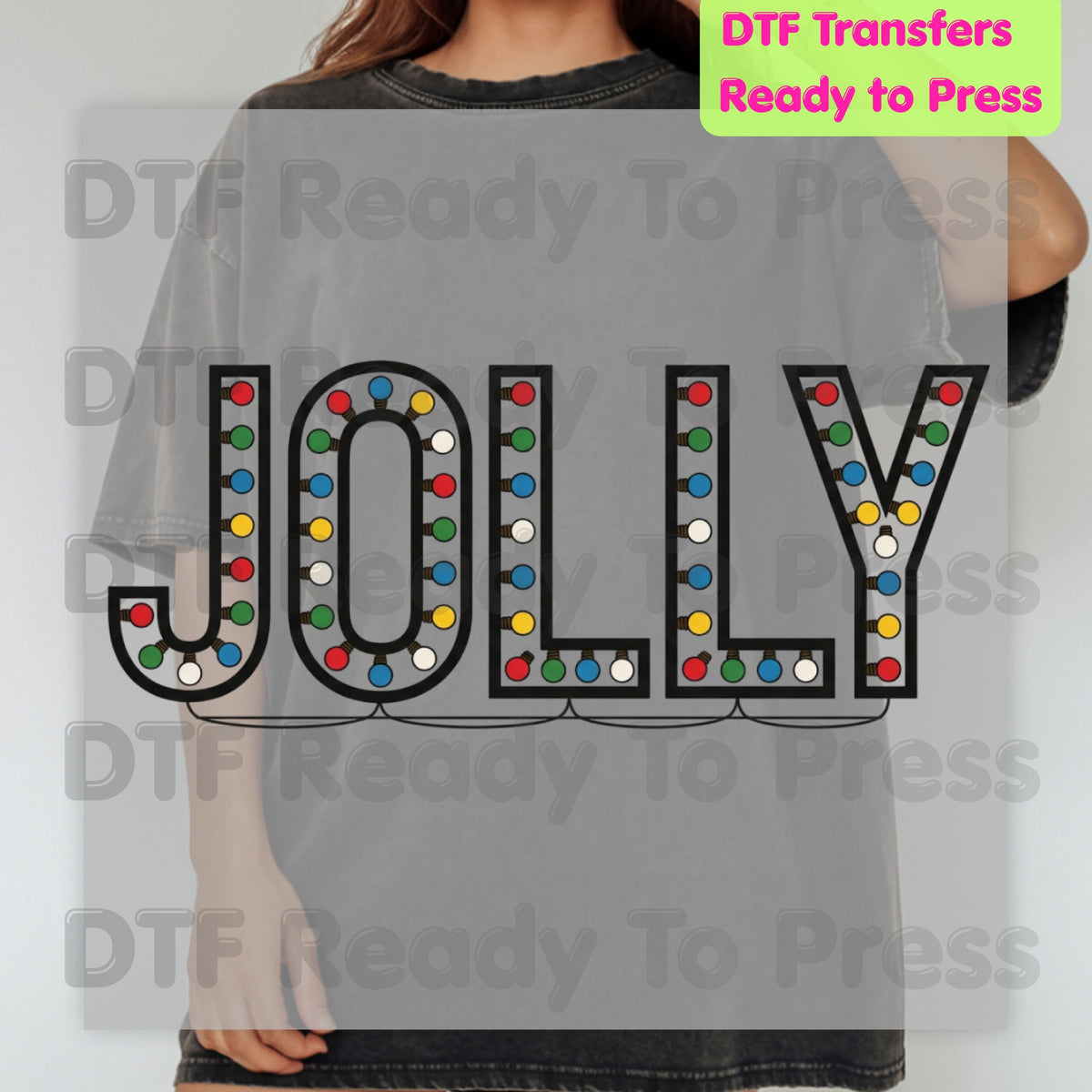 Jolly Christmas Lights DTF Transfers, Merry Holiday Colorful Bulb Graphic Ready to Press