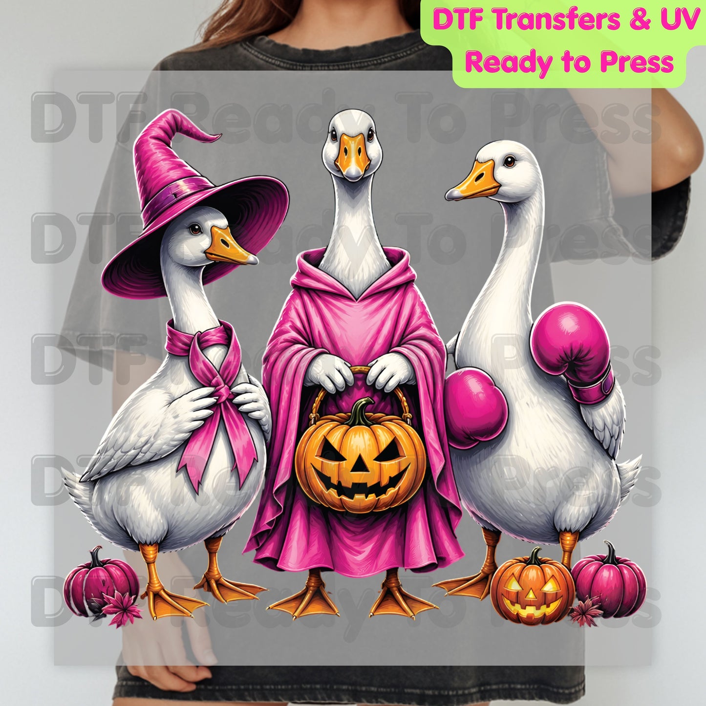 Pink Goose Breast Cancer Awareness Halloween DTF Transfer Ready to Press Spooky Heat Transfer Tee