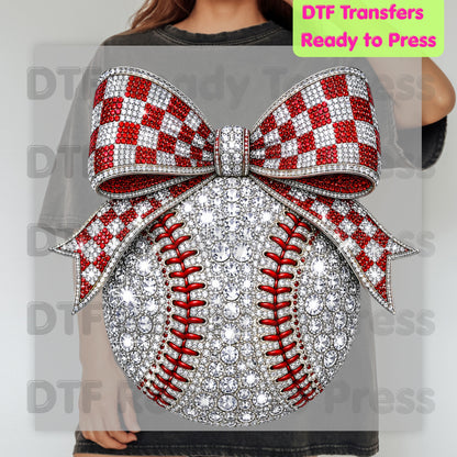 Coquette Baseball DTF Transfers, Sparkle Baseball Red Checkered Bow Sports Mom Girl Ready to Press