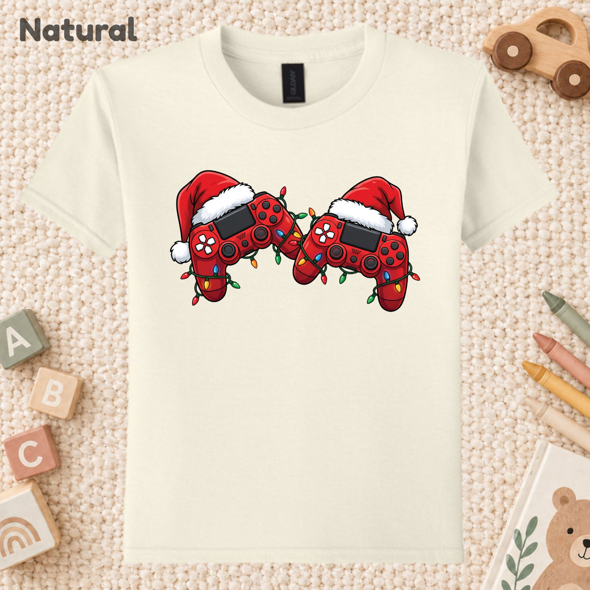 Christmas Gaming T-Shirt, Video Game Controller Santa Hat Holiday Lights Graphic Tee
