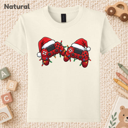 Christmas Gaming T-Shirt, Video Game Controller Santa Hat Holiday Lights Graphic Tee