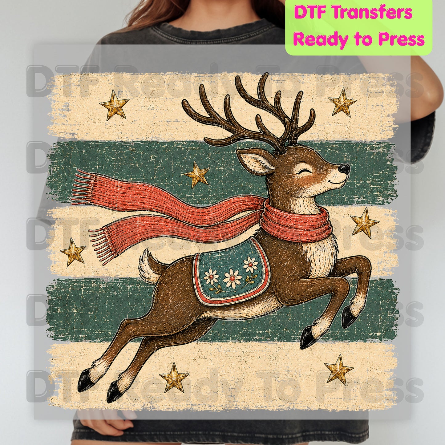 Vintage Christmas Reindeer DTF Transfers, Flying Reindeer Scarf Retro Winter Ready to Press