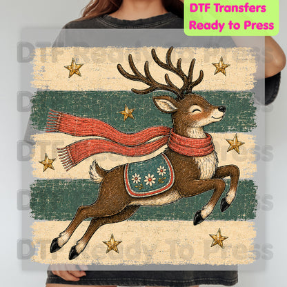 Vintage Christmas Reindeer DTF Transfers, Flying Reindeer Scarf Retro Winter Ready to Press