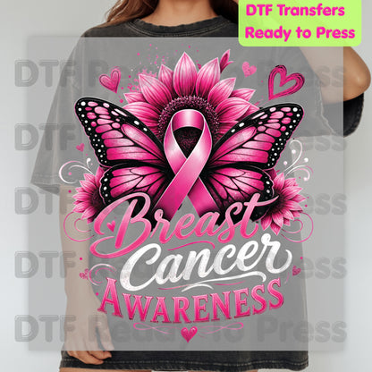 Breast Cancer Awareness Pink Butterfly Sunflower DTF Transfer Ready to Press Heat Transfer Tees