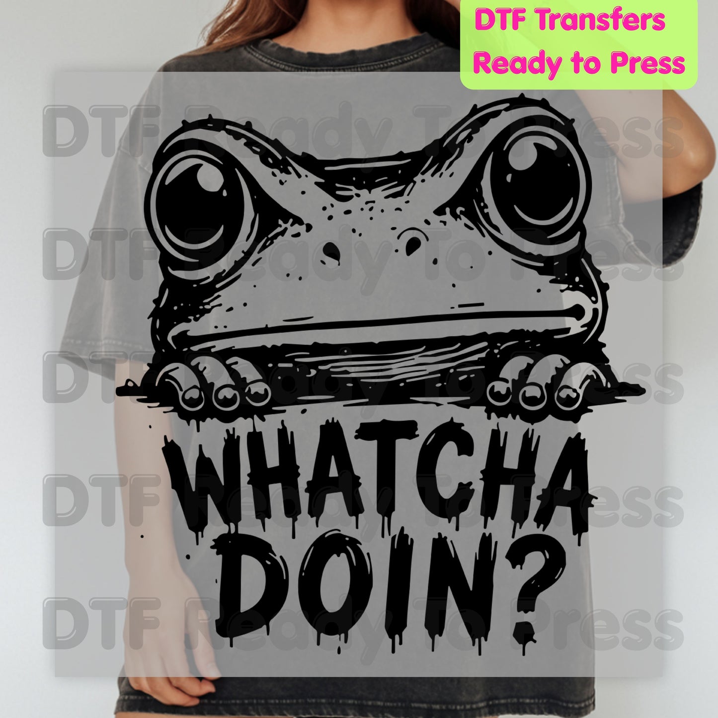 Whatcha Doin Frog DTF Transfers, Funny Peeking Frog Black and White Ready to Press