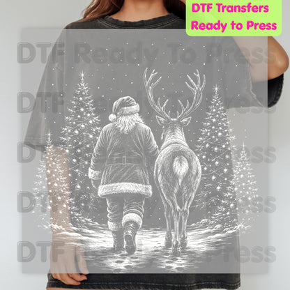 Black White Santa DTF Transfers, Reindeer Forest Vintage Christmas Holiday Ready to Press