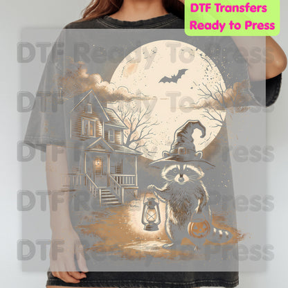 Vintage Halloween Mouse Witch DTF Transfers, Full Moon Pumpkin House Sepia Trick or Treat Spooky Fall Ready to Press