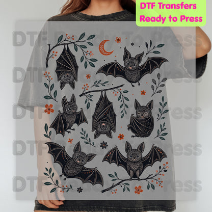 Vintage Halloween Bats DTF Transfers, Floral Botanical Flying Bats Crescent Moon Spooky Season Ready to Press